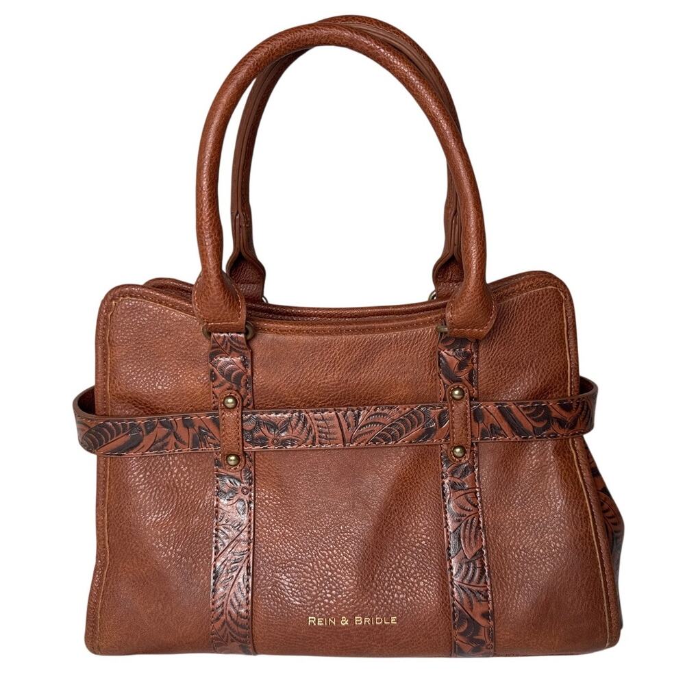 Rein & Bridle tan faux leather satchel with tassel accent